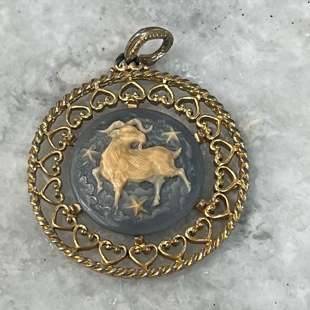 Large Aries Ram Pendant Zodiac Gold Toned, Black, Moon, Stars, Horoscope Jewelry
